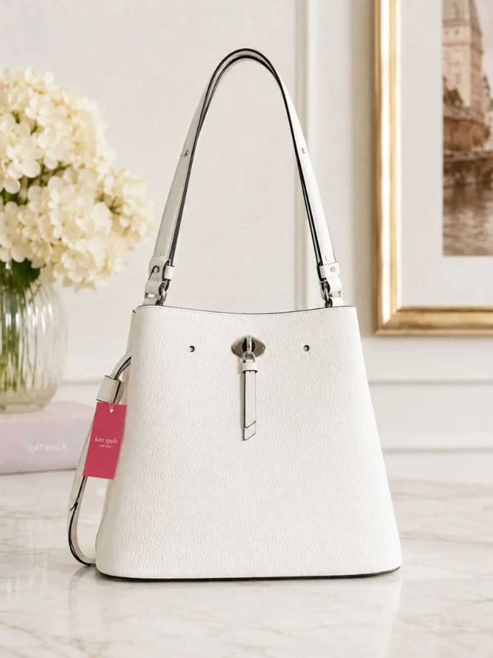 Kate Spade Small Bucket Bag White Dove Pebbled Leather Turn Lock NWT